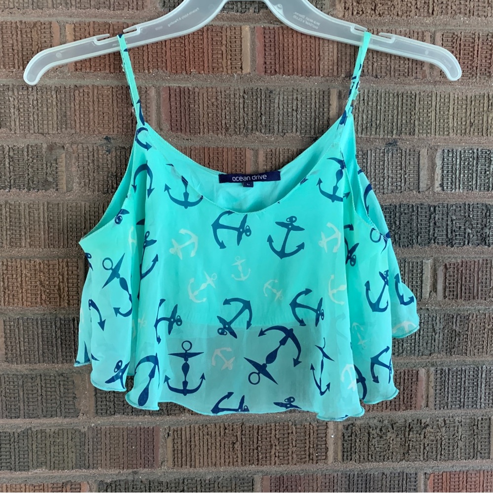 Ocean Drive Aqua Anchor Print Cold-Shoulder Cami